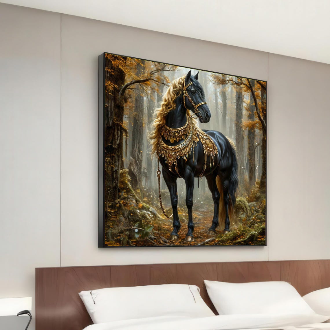 Black Horse Golden Mane Majestic Autumn Forest Canvas Wall Art