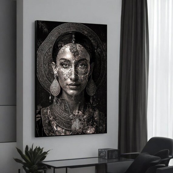 Ethereal Woman Detailed Headdress Black White Portrait Art Poster