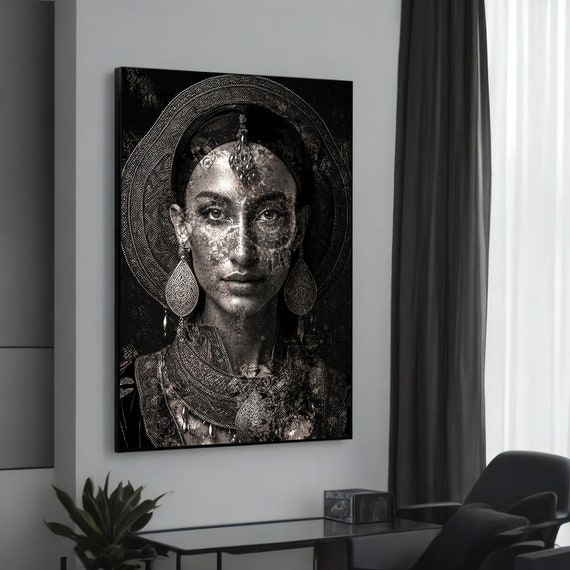 Ethereal Woman With Detailed Headdress Black And White Modern Canvas Painting Unique Mystical Wall Art For Home Decor