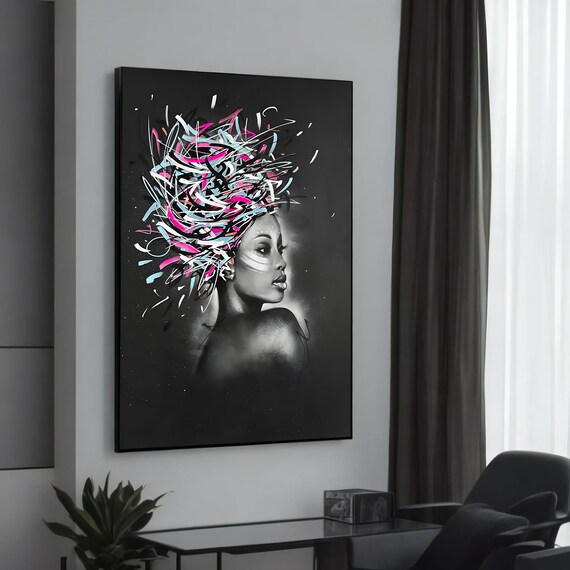 Elegant Woman Colorful Graffiti Hair Abstract Portrait Black Poster