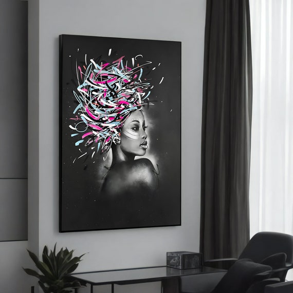 Elegant Woman With Colorful Abstract Headpiece Canvas Art Banksyinspired Graffiti Painting Unique Gift For Lovers