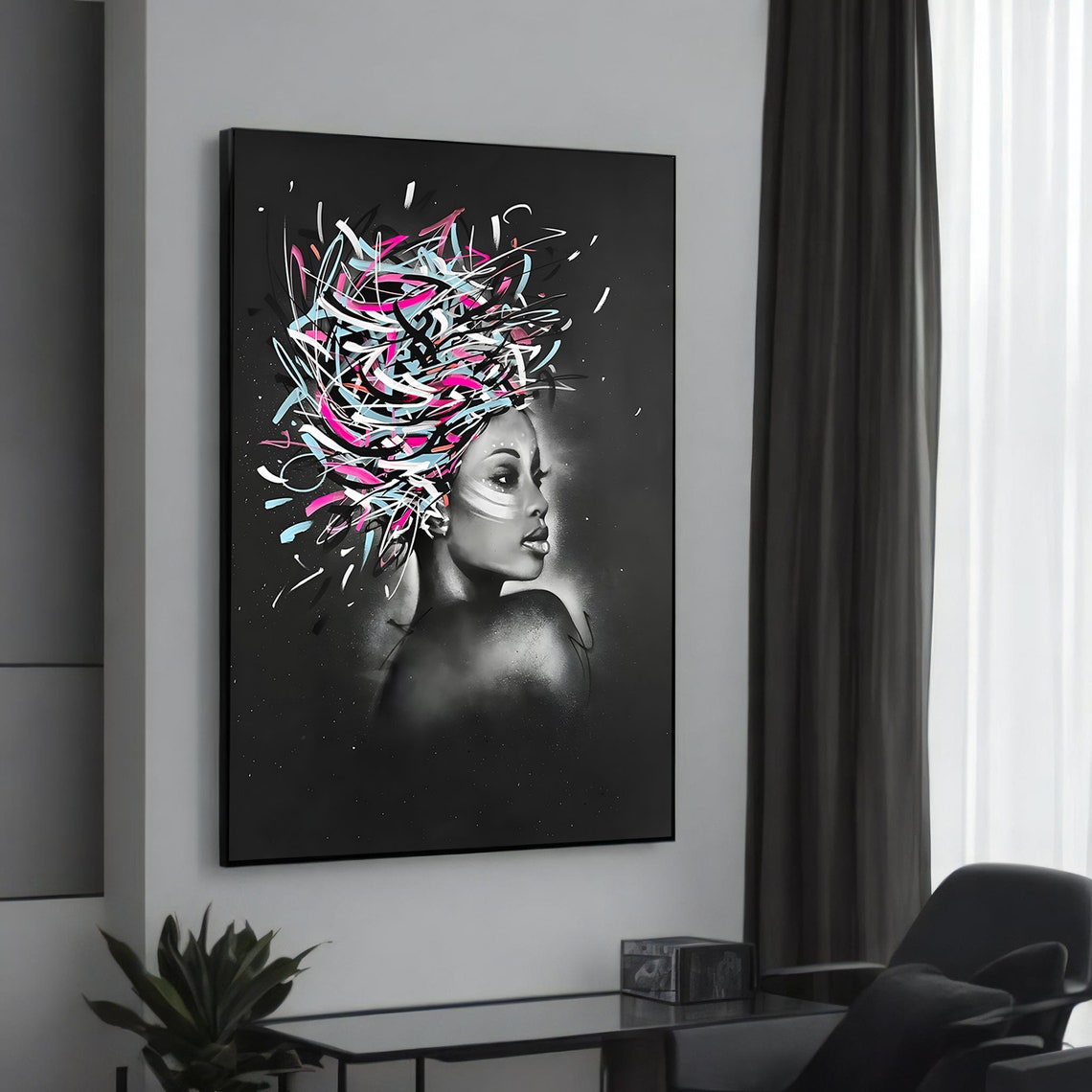 Elegant Woman Colorful Graffiti Hair Abstract Portrait Black Poster