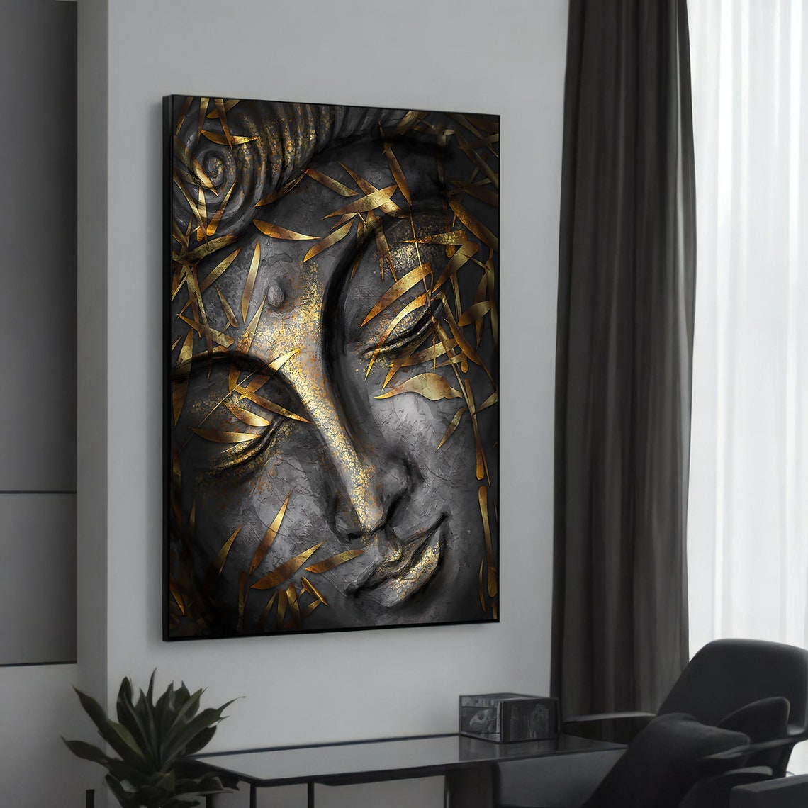 Golden Buddha Canvas Art Tranquil And Serene Face With Leaves Zen Wall Decor For Home Or Office