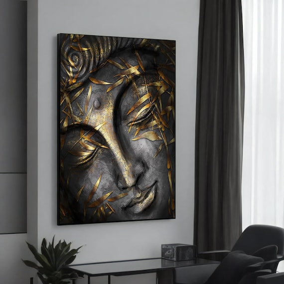 Golden Buddha Canvas Art Tranquil And Serene Face With Leaves Zen Wall Decor For Home Or Office