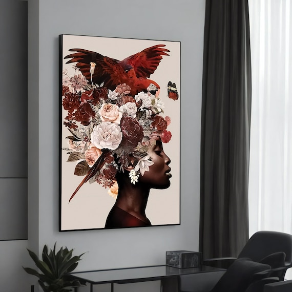 Black Woman Floral Headdress with Parrot Surreal Portrait Art Poster