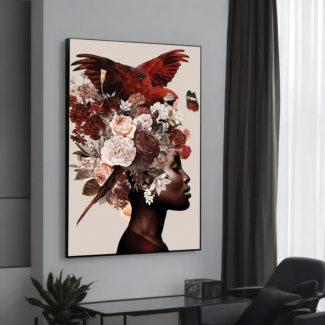 Black Woman Floral Headdress with Parrot Surreal Portrait Art Poster