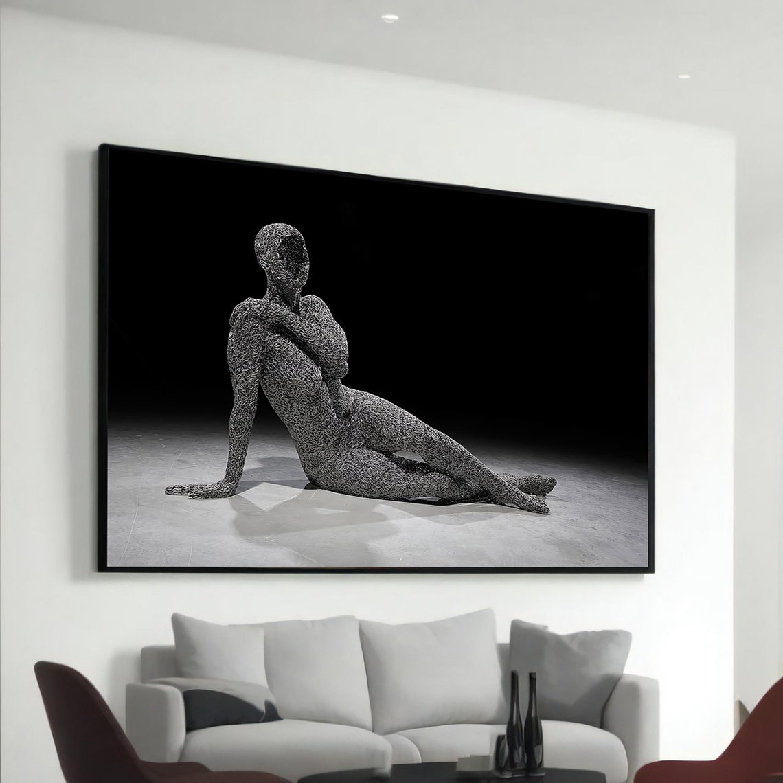 Wire Mesh Sculpture Seated Figure Black White Contemporary Poster
