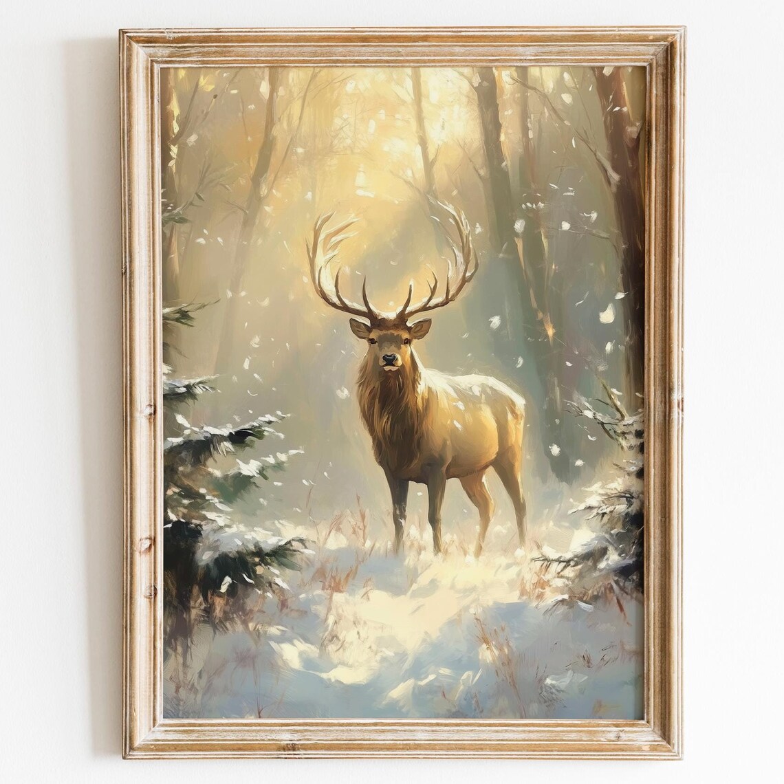 Majestic Stag In Winter Forest Wall Art Snowy Scene Print Wildlife Christmas Winter Scene Art Stag In The Forest Oil Painting