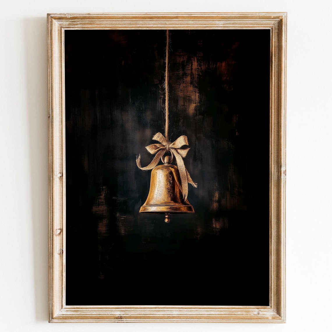 Antique Brass Bell Burlap Bow Black Background Moody Holiday Print