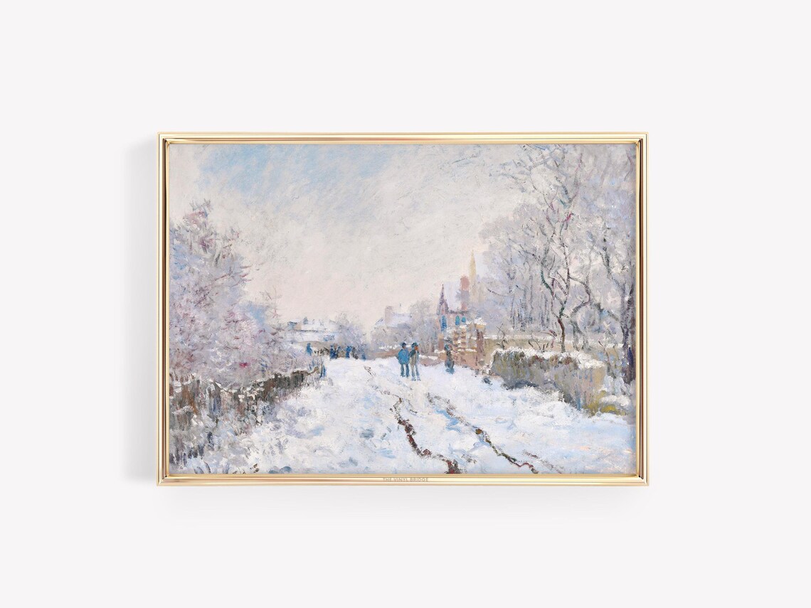 Vintage Snow Scene Painting Winter Landscape Print Soft Pastel Nature Art French Country Wall Decor Seasonal Cottagecore
