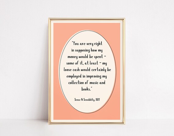 Sense And Sensibility Print Trendy Bookish Art Jane Austen Wall Decor Book Quote Orange Library Poster Literary Sign