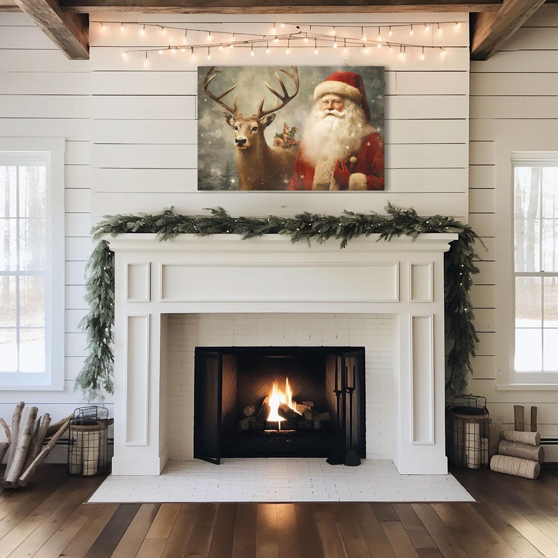 Vintage Santa Claus and Reindeer Christmas Portrait Scene Poster - Image 2