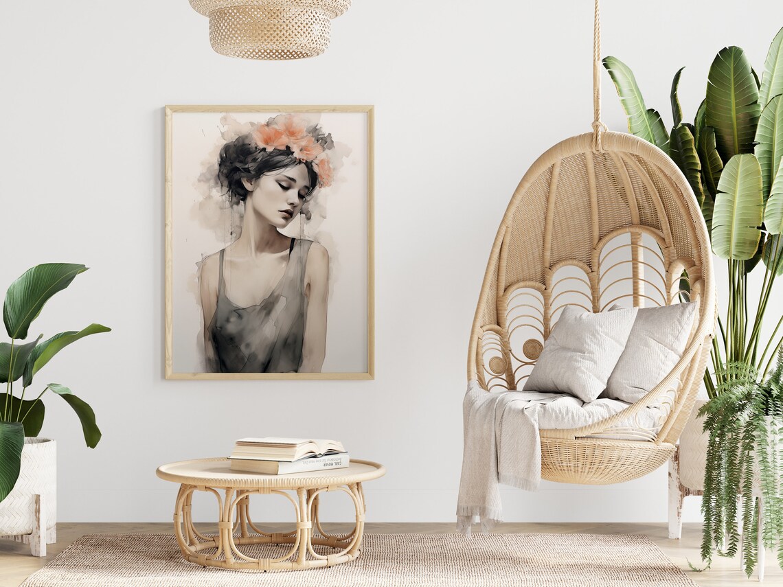 Watercolor Boho Woman Portrait With Floral Crown Soft Neutral Poster - Image 4