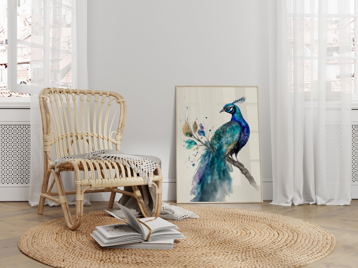 Vivid Teal and Blue Watercolor Peacock Perched Bird Wall Art - Image 4