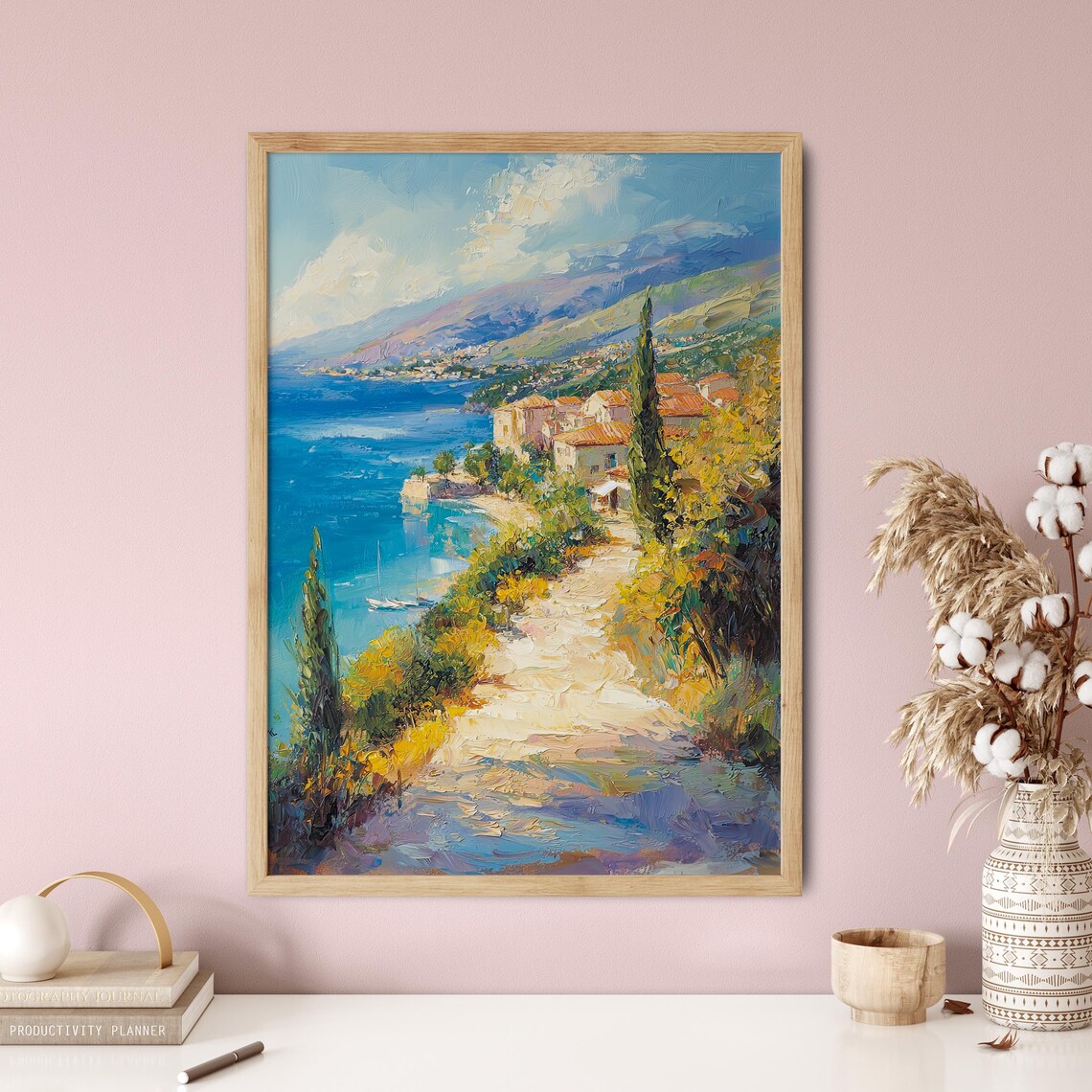 Italian Coastal Town Cypress Path Blue Sea Impressionist Poster - Image 4