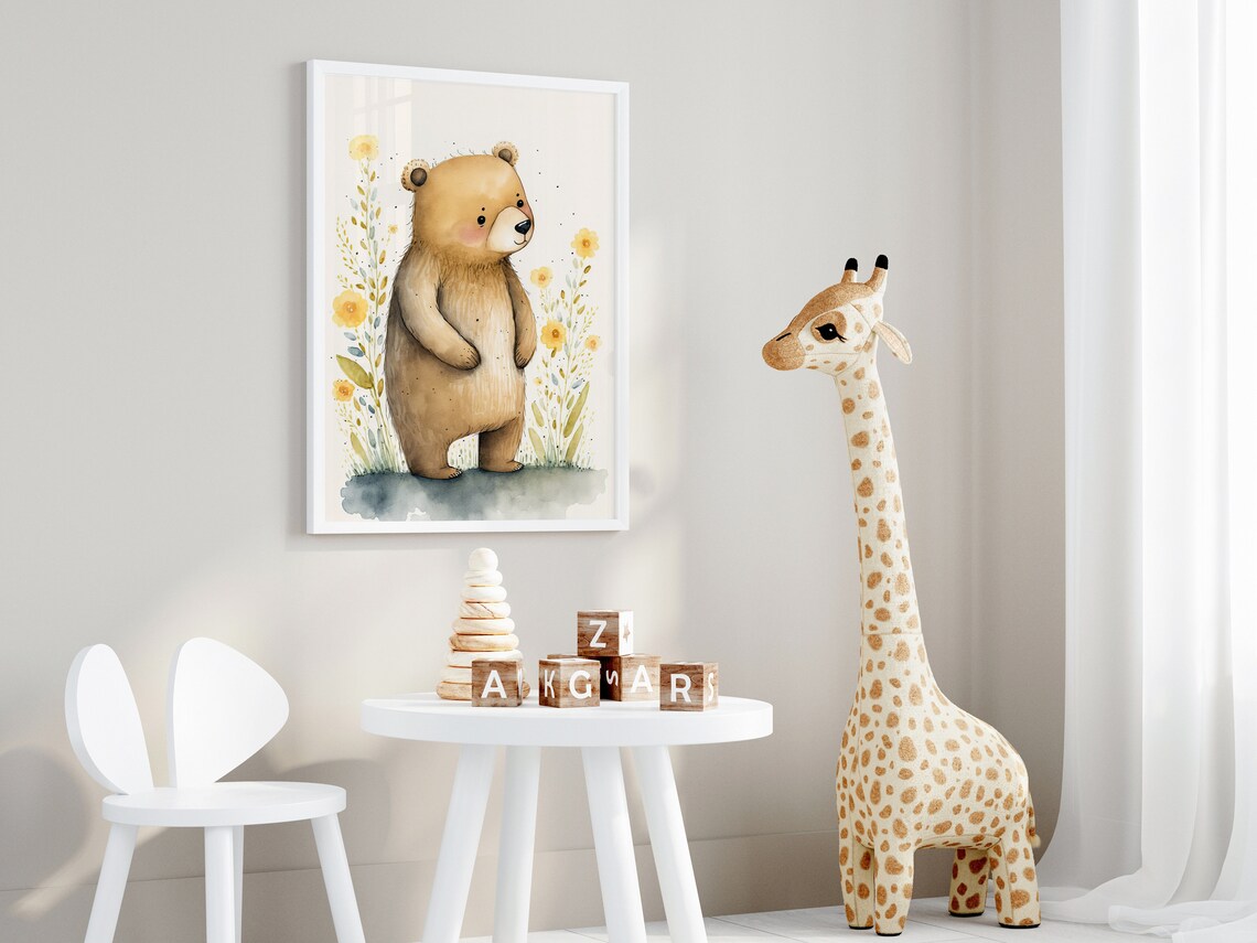 Watercolor Baby Bear Standing Yellow Flowers Nursery Art Poster - Image 2