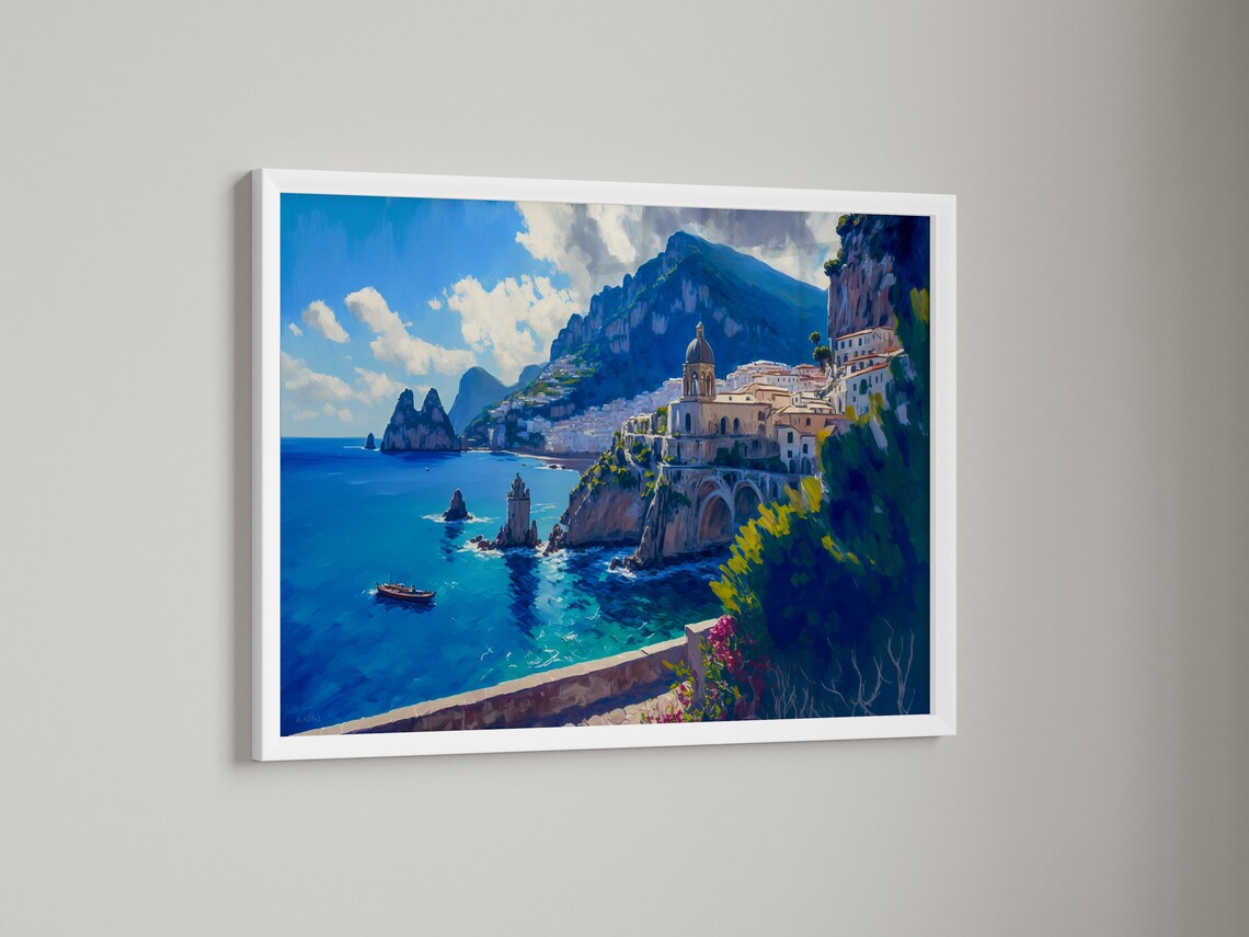 Italian Coastal Town Dome Church Blue Sea Cliffs View Poster - Image 2