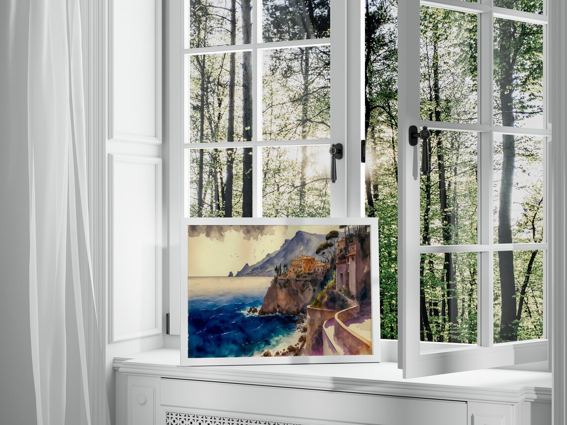Italian Coastal Villa on Rocky Cliff Watercolor Amalfi Art Print - Image 3