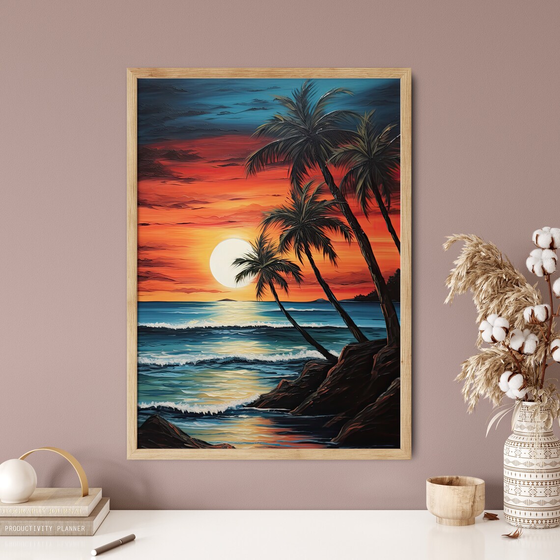 Tropical Sunset Palm Trees Ocean Waves Vibrant Beach Art Print - Image 5