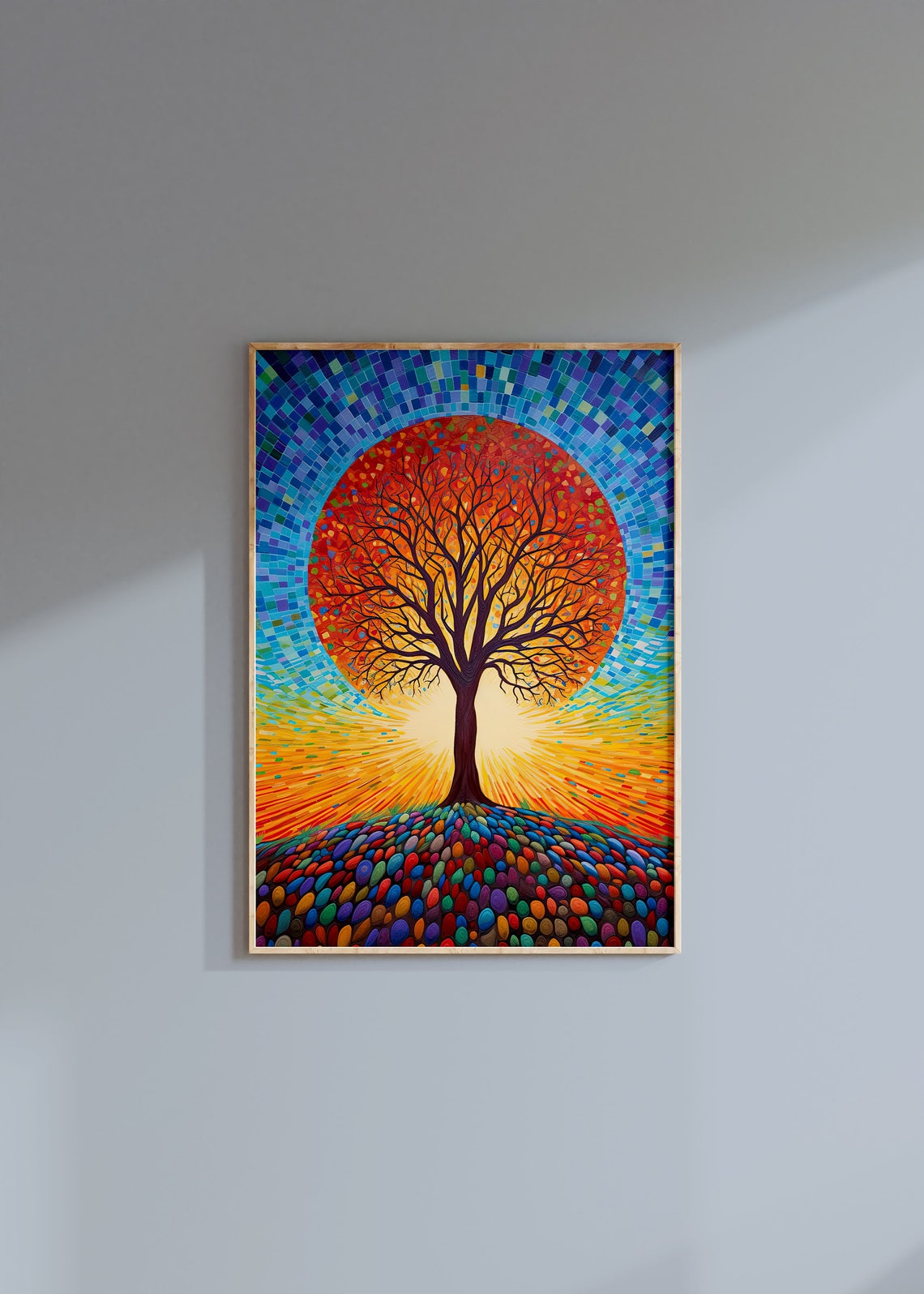 Mosaic Tree Red Sun Disc Blue Sky Colorful Nature Art Poster - Image 3