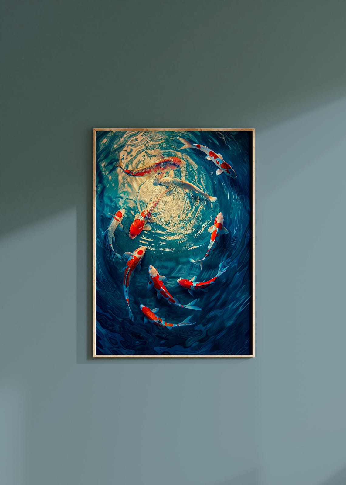 Red White Koi Fish Circling Blue Pond Water Top View Art Poster - Image 3
