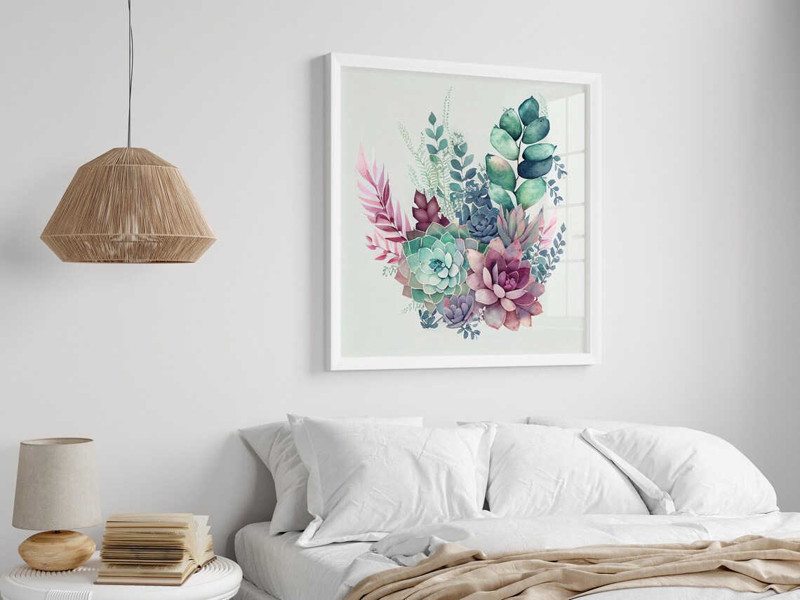 Watercolor Succulents and Eucalyptus Botanical Arrangement Art Print - Image 4