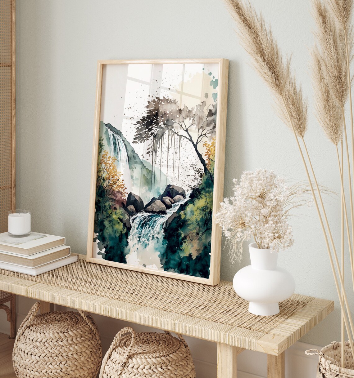 Watercolor Waterfall Mountain Tree Ink Nature Landscape Art Poster - Image 4