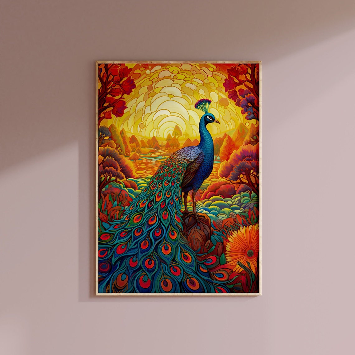 Peacock In Vibrant Sunset Mosaic Colorful Garden Scene Poster - Image 2