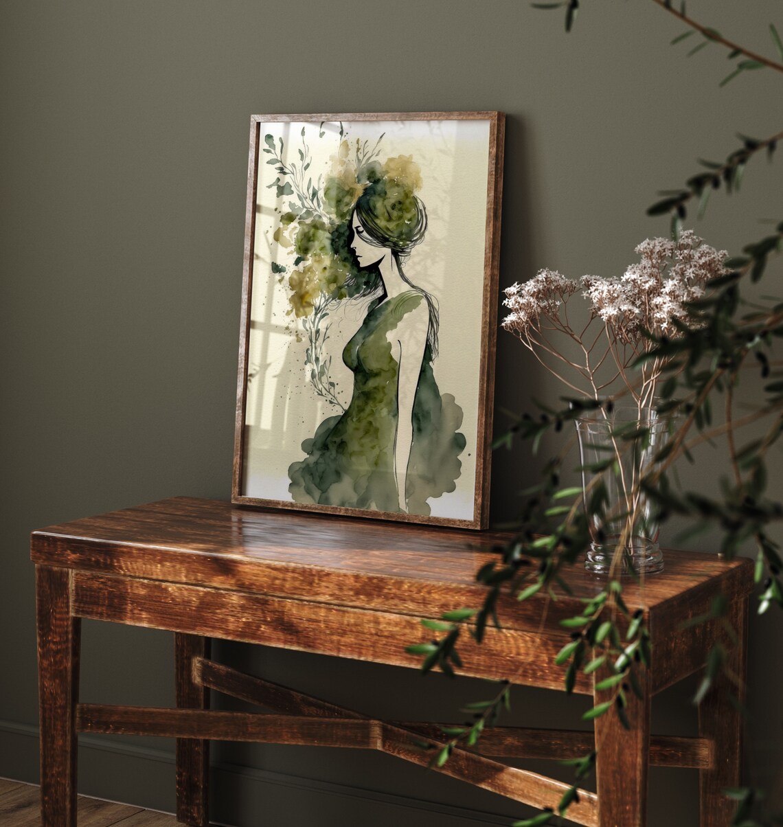 Green Watercolor Woman Olive Floral Elegant Minimalist Art Print - Image 4