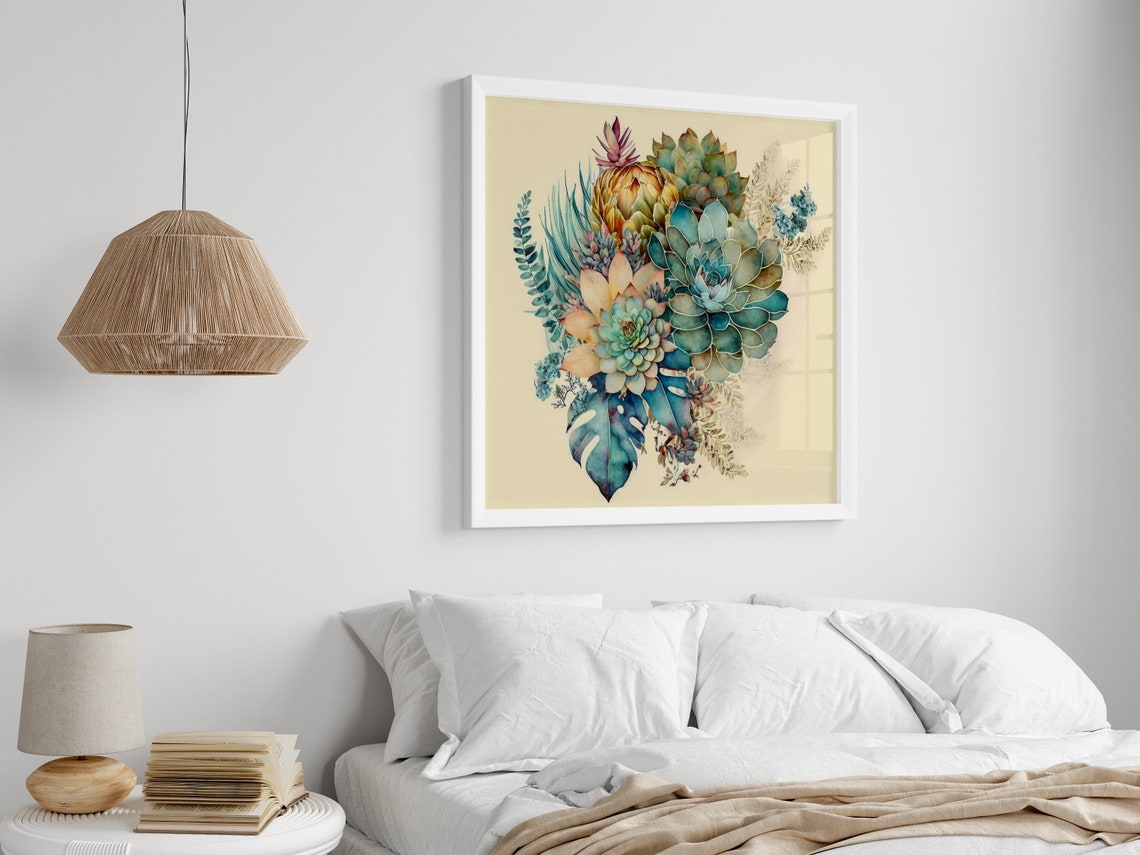 Teal Watercolor Succulents Bouquet Botanical Echeveria Art Poster - Image 4
