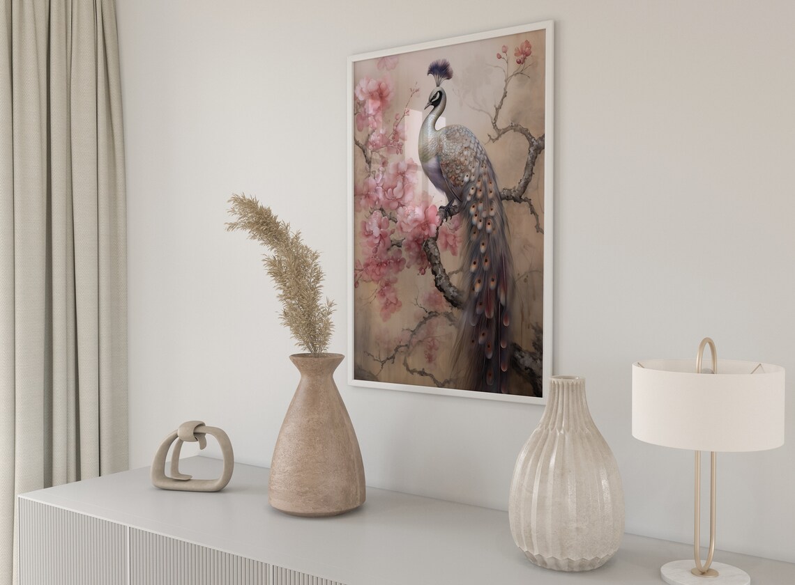 Elegant Peacock Pink Cherry Blossom Watercolour Bird Art Poster - Image 4