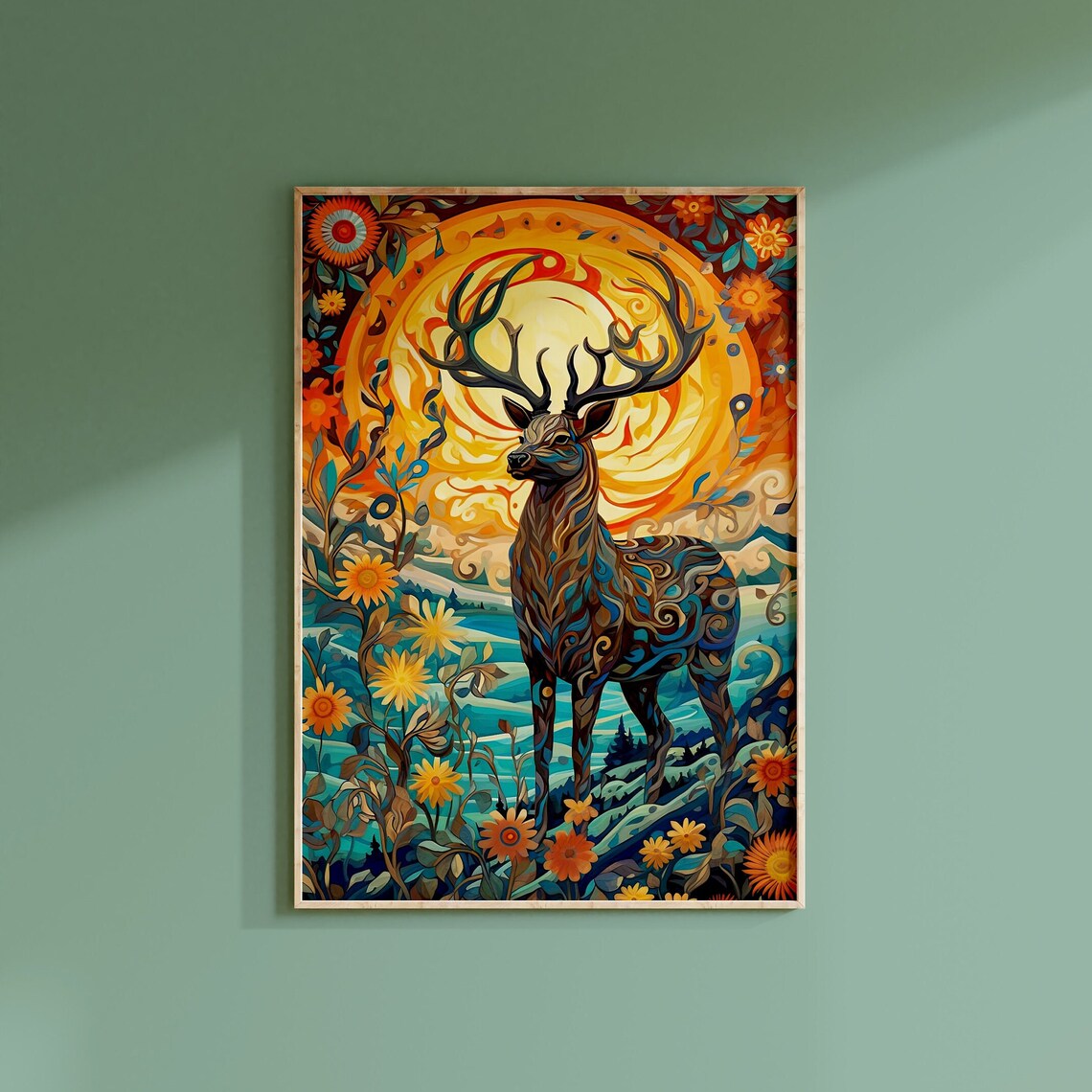 Psychedelic Stag Deer Orange Sun Floral Abstract Art Style Poster - Image 2