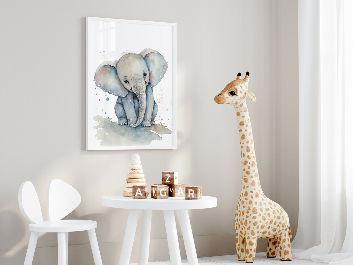 Baby Elephant Watercolor Nursery Cute Animal Kids Room Wall Art - Image 4