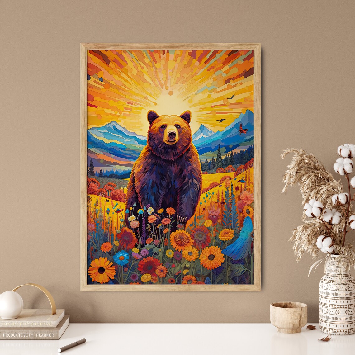 Grizzly Bear Wildflower Meadow Sunset Mountain Nature Art Poster - Image 3