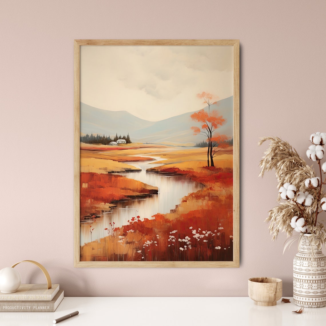 Autumn River Valley Orange Red Hills Rustic Cabin Landscape Poster - Image 5