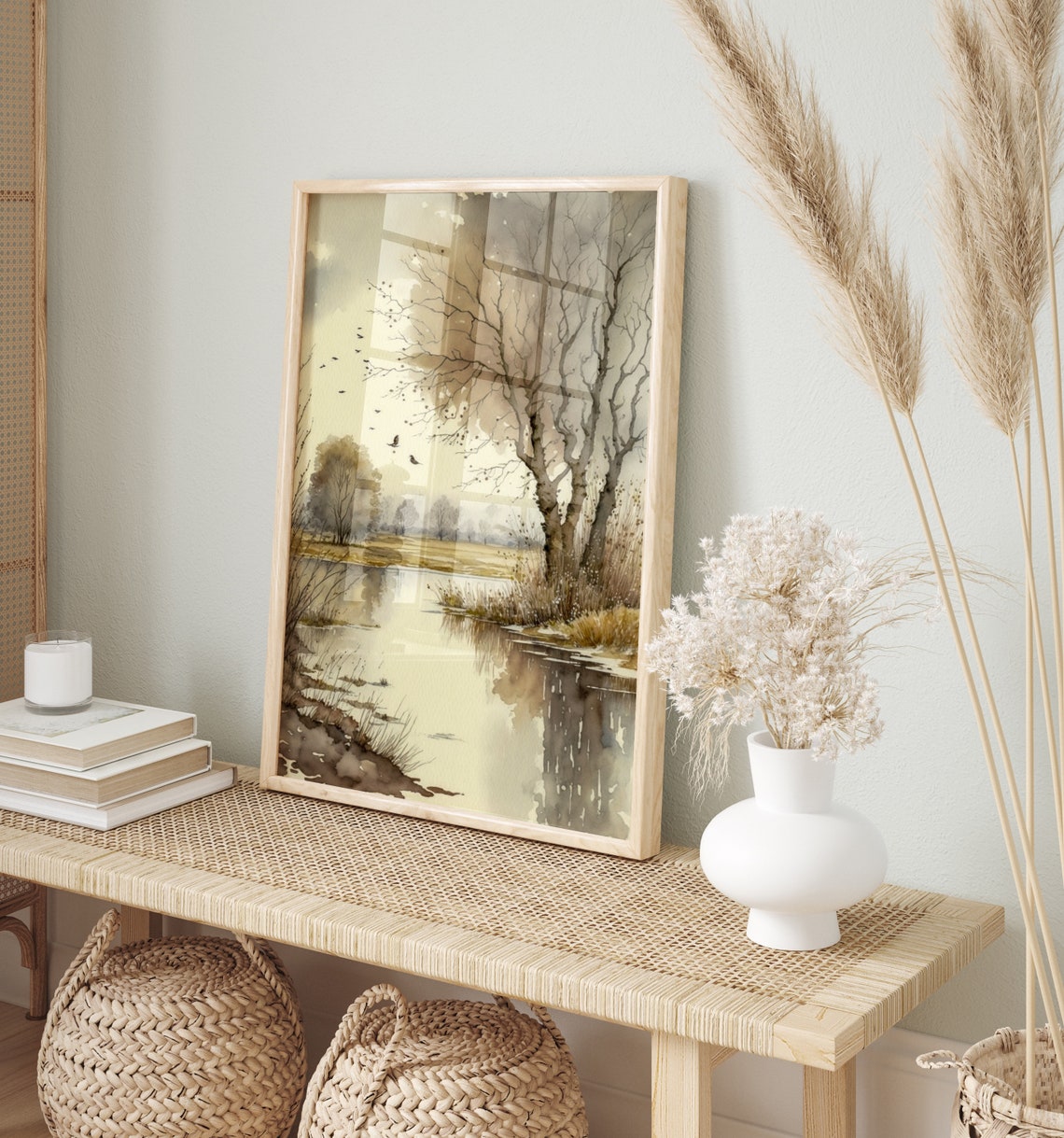 Sepia River Bare Trees Birds Watercolor Muted Landscape Poster - Image 3
