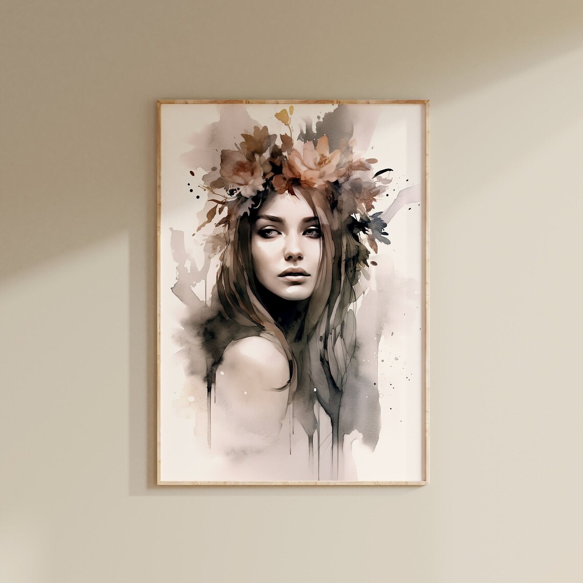 Watercolor Woman Floral Crown Portrait Elegant Neutral Boho Art Print - Image 3