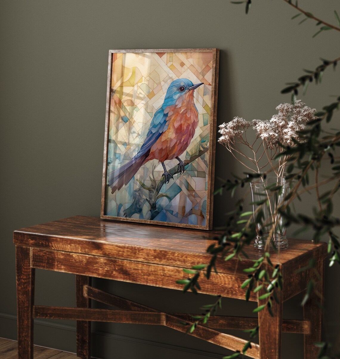 Bluebird Mosaic Watercolor Bird on Branch Geometric Nature Art Print - Image 4