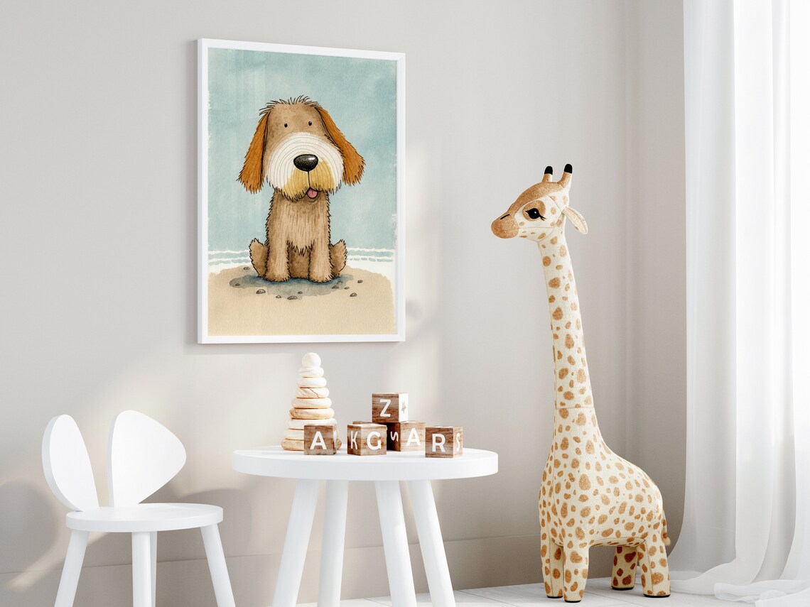 Cute Shaggy Brown Dog on Beach Watercolor Nursery Kids Art Print - Image 4