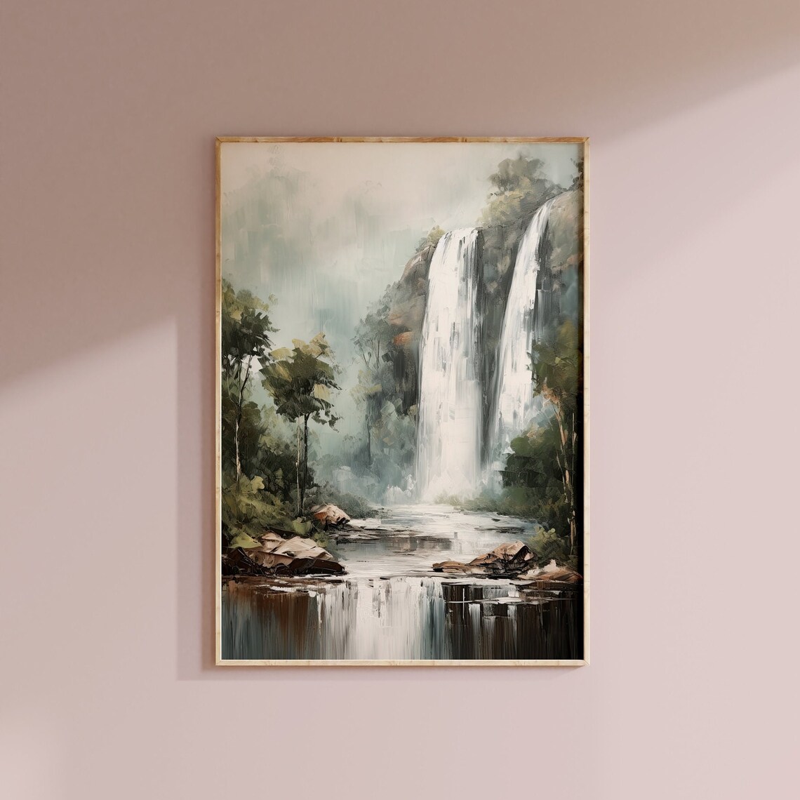 Misty Forest Waterfall Serene Muted Green Nature Painting Art Print - Image 2