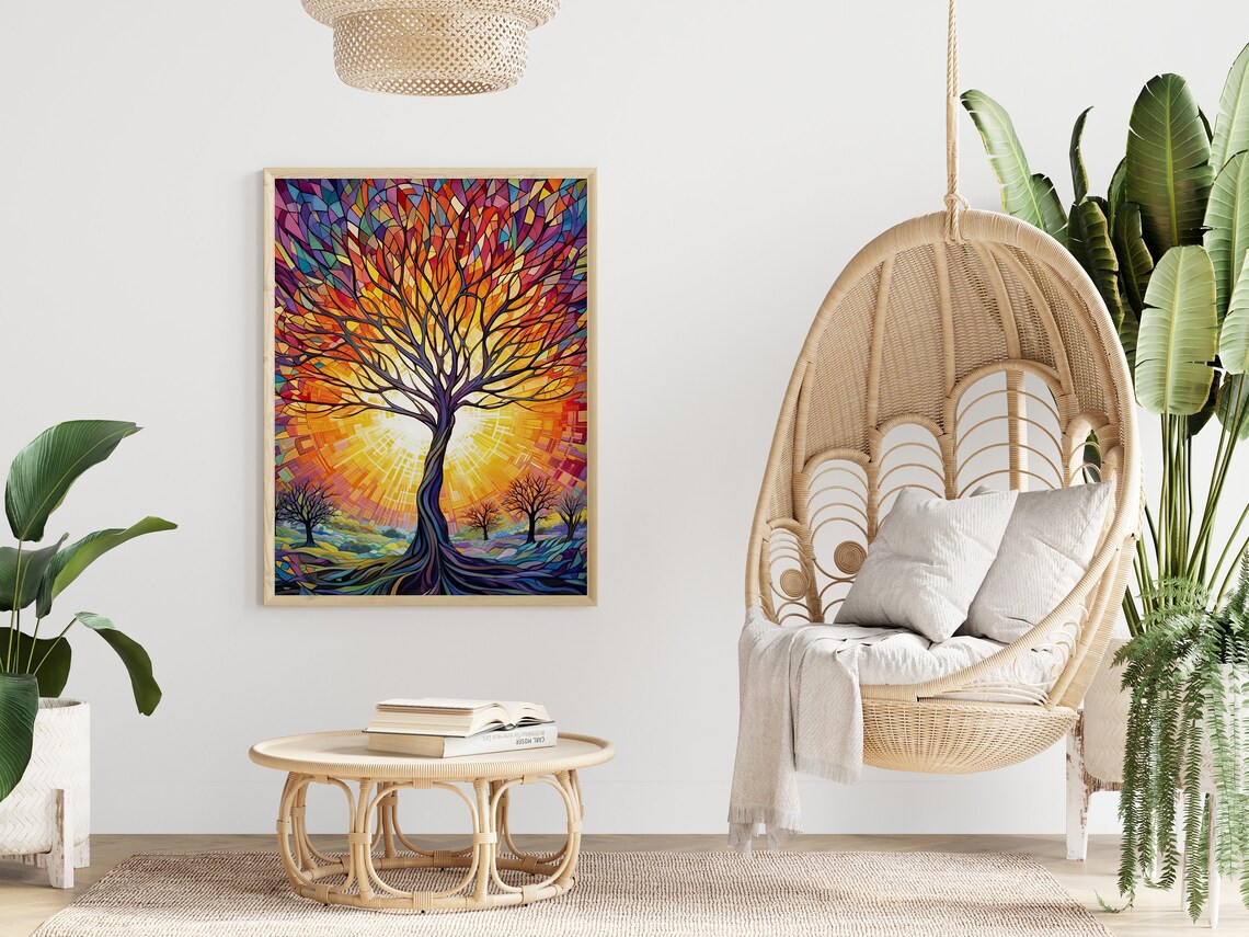 Fiery Tree Of Life Mosaic Sunset Stained Glass Nature Poster - Image 4
