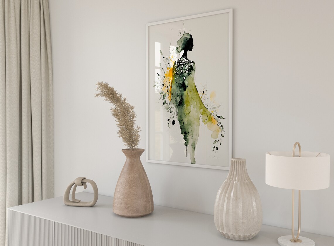 Watercolor Woman Silhouette Green Gold Floral Splash Art Print - Image 2