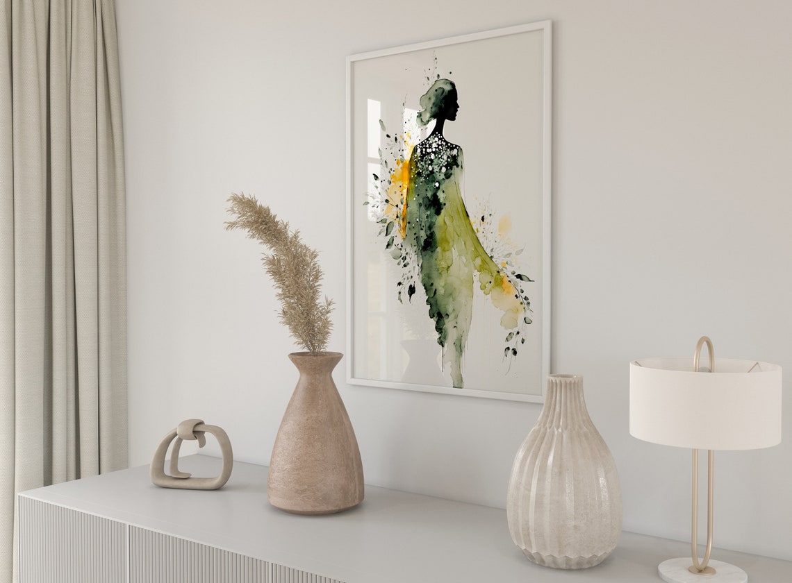 Watercolour Female Wall Art Print Green Yellow Floral Home Decor Silhouette Boho Elegant Flowers Abstract Simple Woman Girl Dress Beauty - Image 2