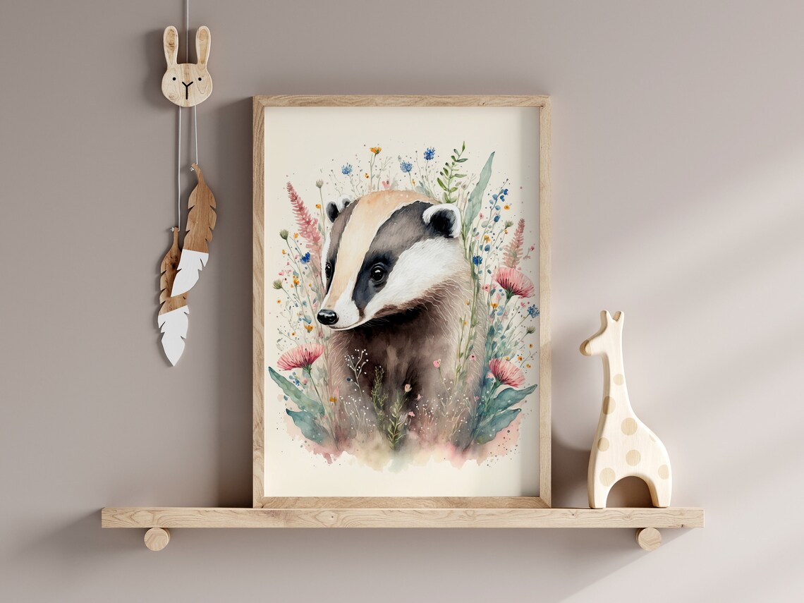 Watercolor Badger Among Wildflowers Nursery Woodland Art Print - Image 2