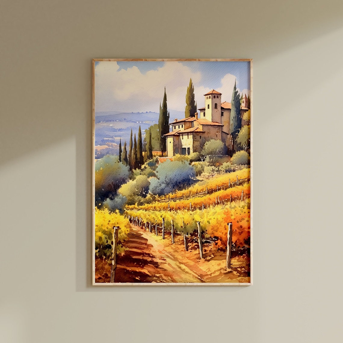 Tuscan Farmhouse Cypress Trees Golden Vineyard Watercolor Poster - Image 2