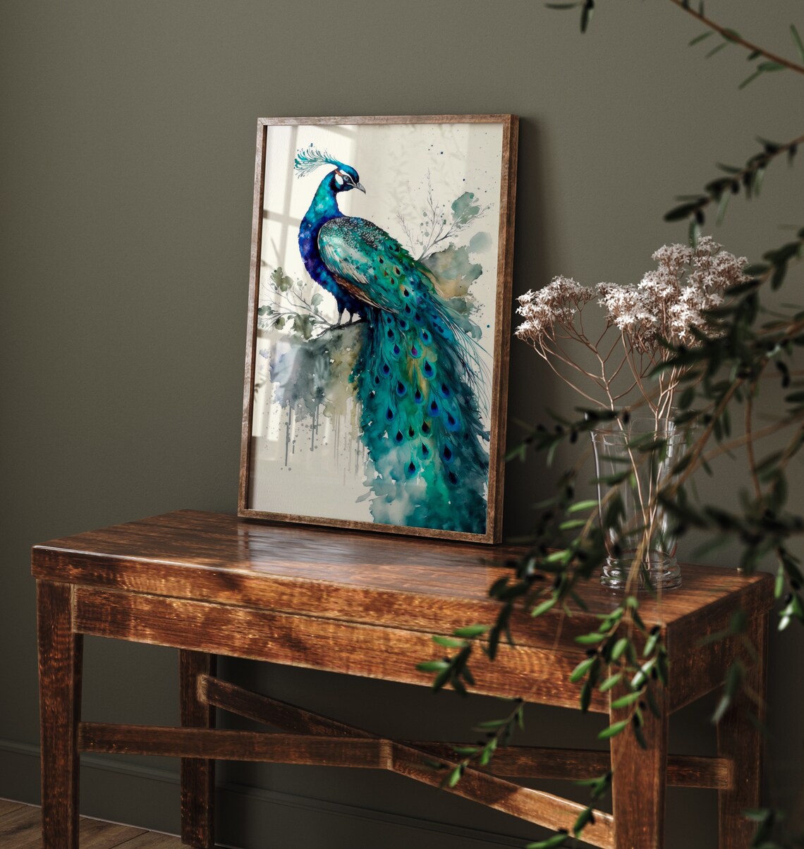 Peacock Watercolor Painting Teal Blue Bird Feather Elegant Art Print - Image 4