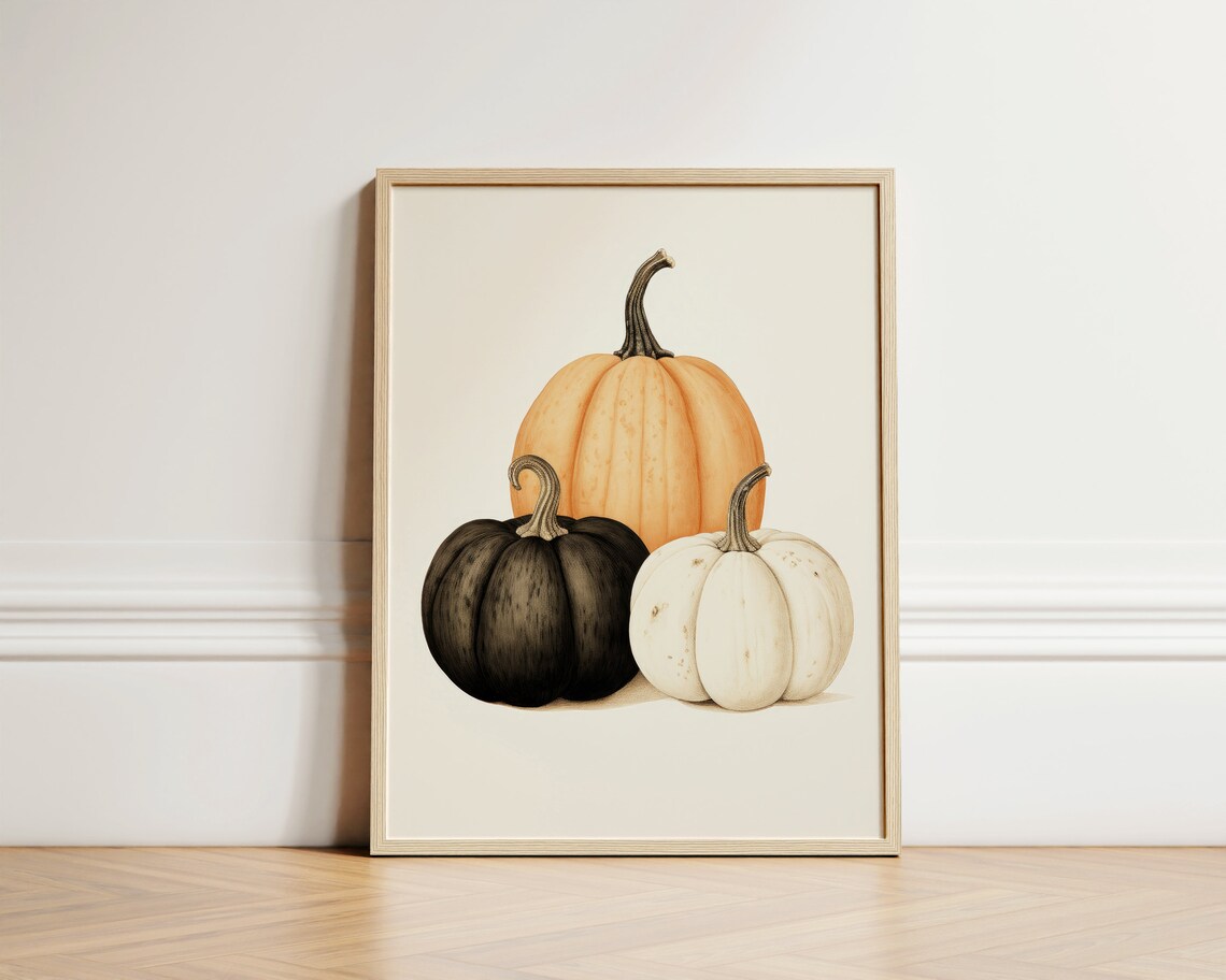 Orange Black White Pumpkins Watercolor Fall Farmhouse Autumn Decor Poster