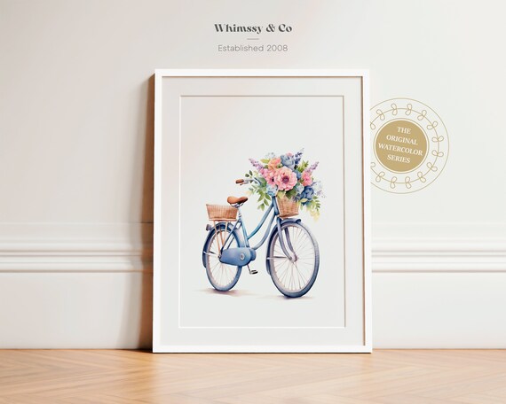 Blue Watercolor Bicycle With Flower Baskets Spring Cottage Poster