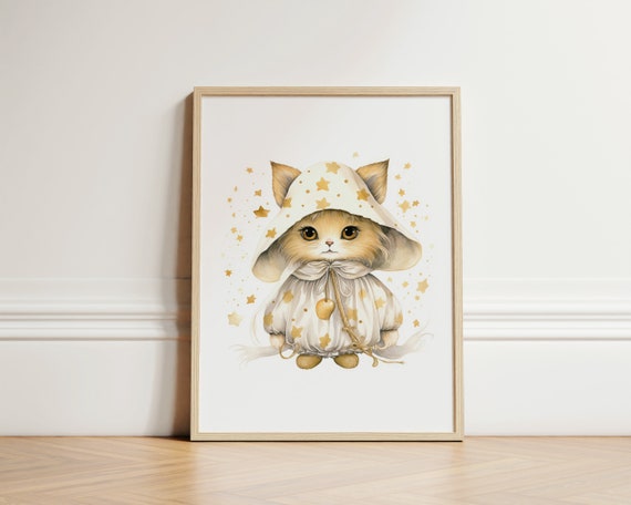 Halloween Cat In A Cape White And Gold Wall Art Kids Decor Nursery Gift Playroom