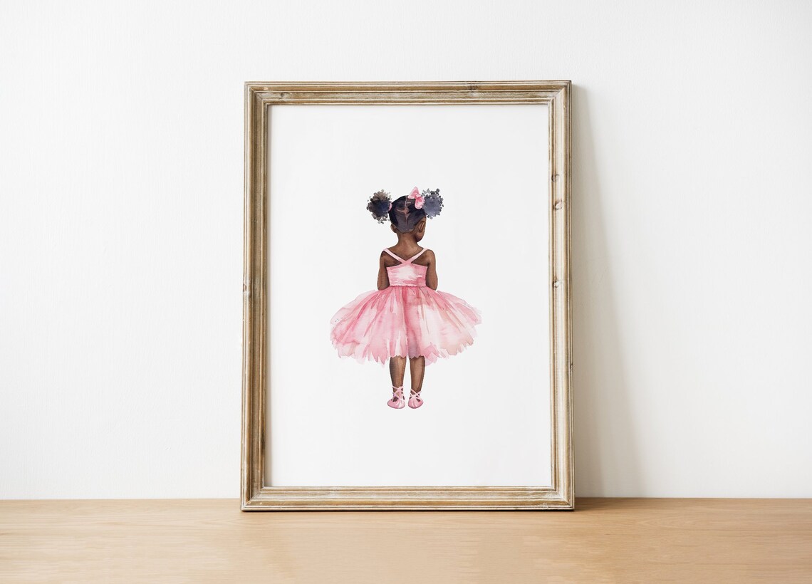 African Toddler Girl Pink Tutu Ballerina Back View Watercolor Poster